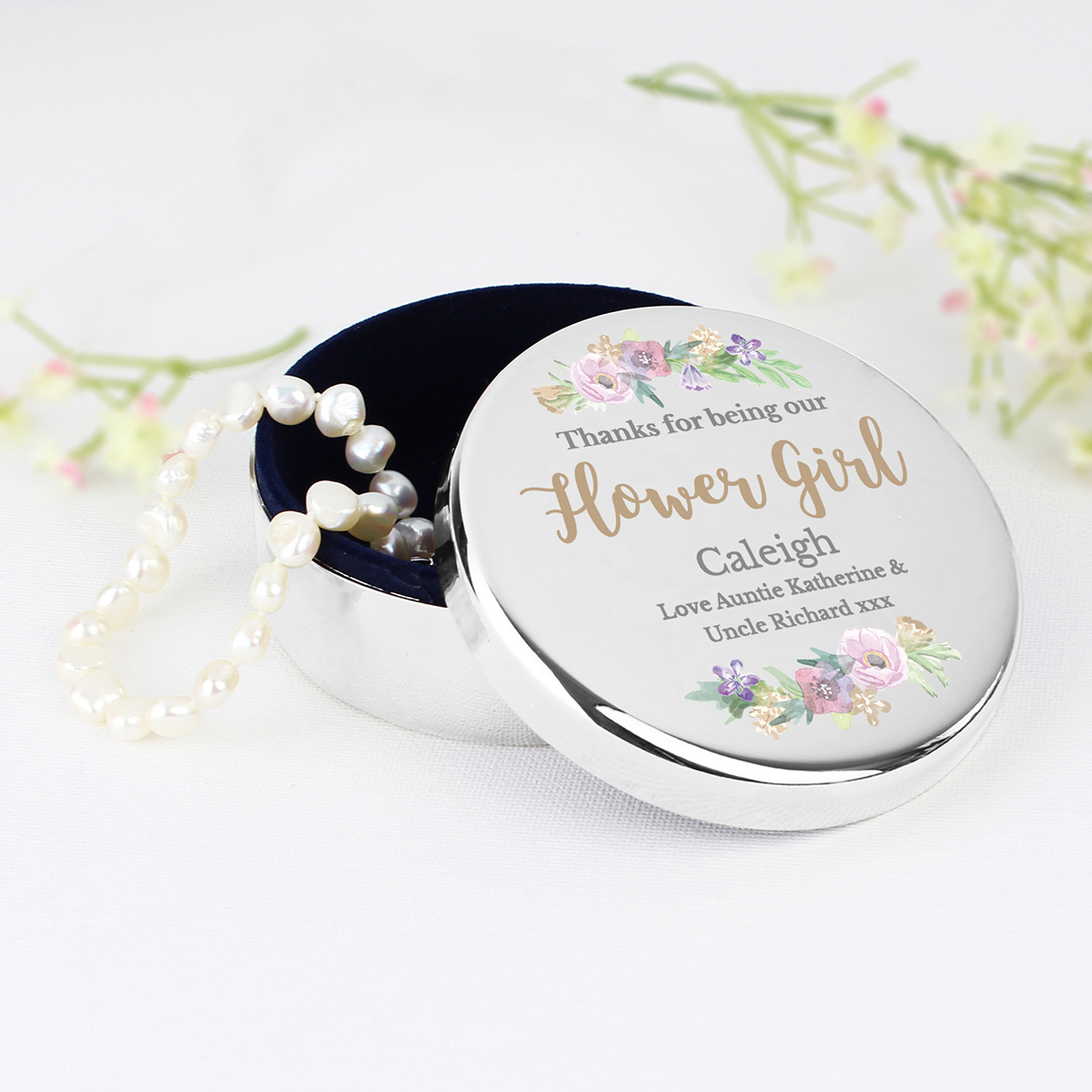 Personalised Round Trinket Box - Floral Watercolour