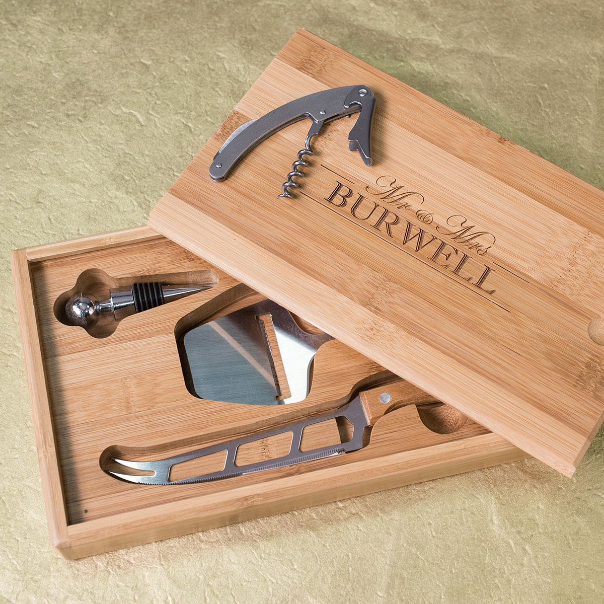 Personalised Bamboo Wine & Cheese Set - Mr And Mrs