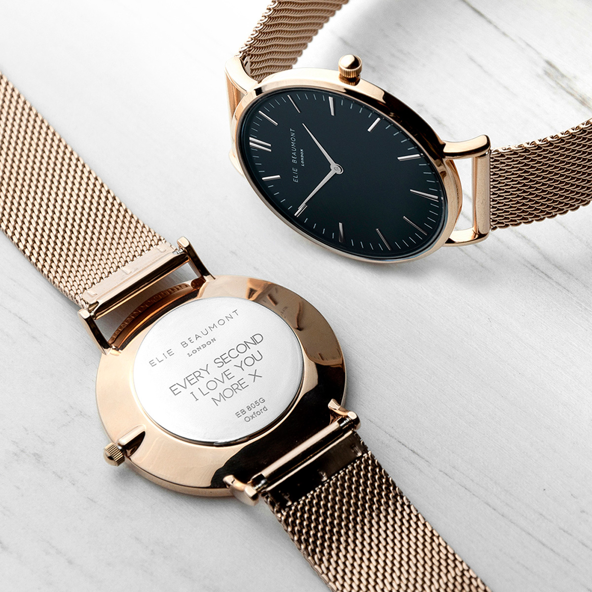 Personalised Women's Rose Gold Mesh Strap Watch With Black Dial