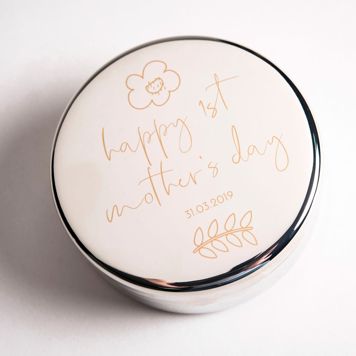 Engraved Circular Trinket Box - Happy 1st Mother's Day Floral