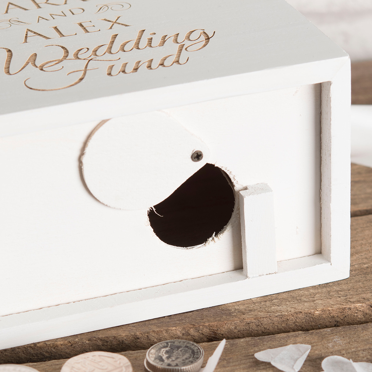 Personalised White Wooden Money Box - Wedding Fund