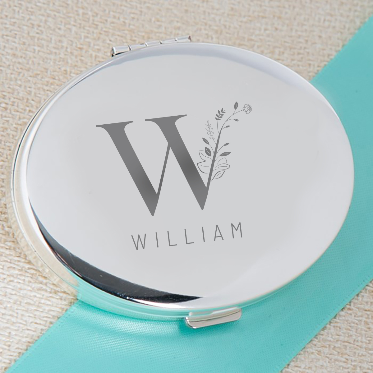 Engraved Silver Round Compact Mirror - Floral Initial