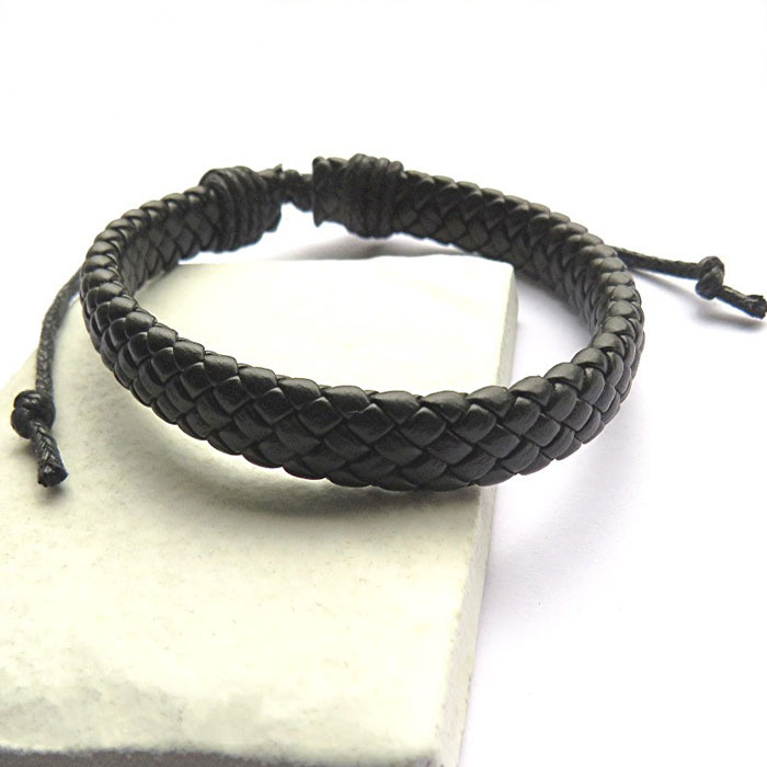 Personalised Men's Black Faux Leather Weave Bracelet
