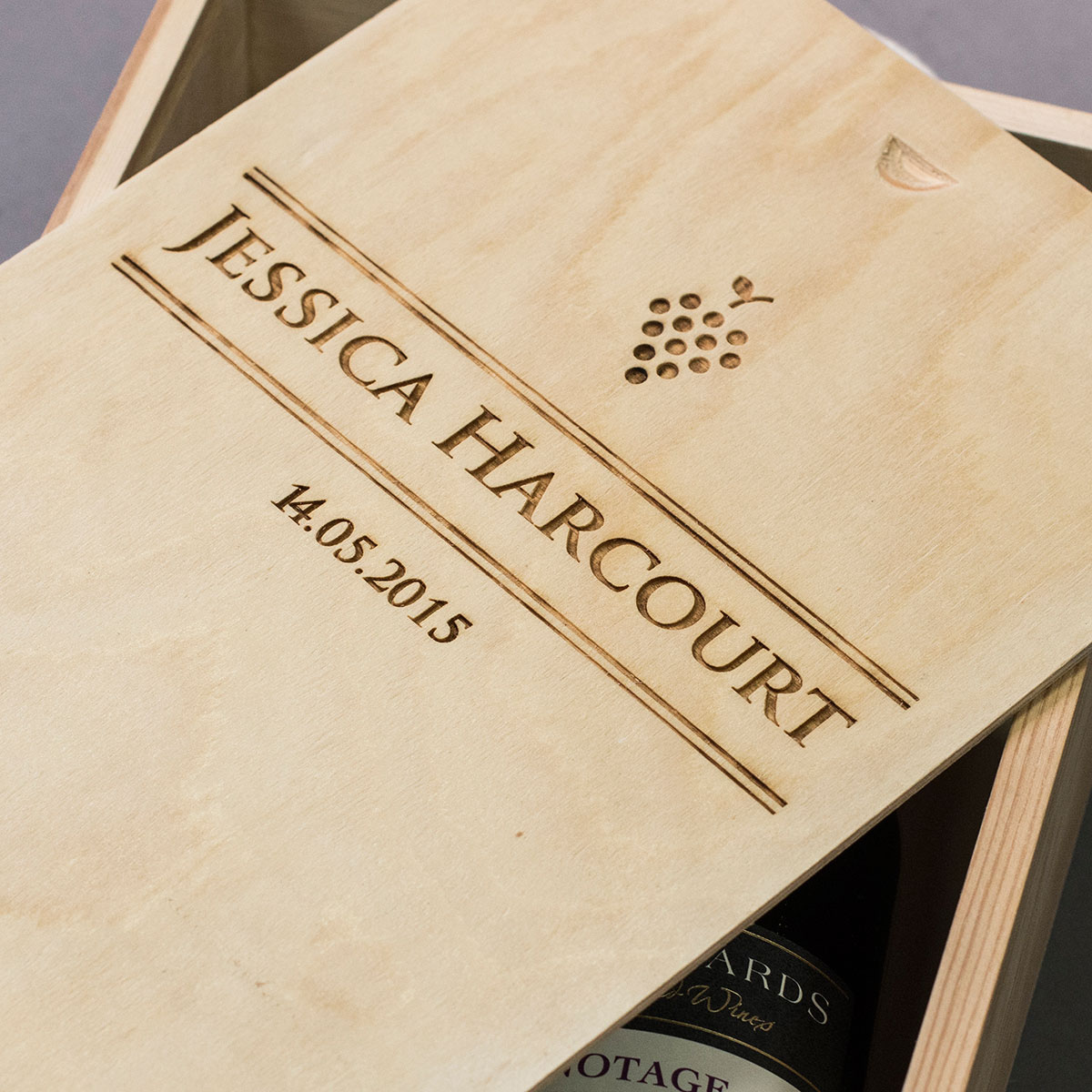 Personalised 2 Bottle Sliding Wooden Wine Box - Grapes Established