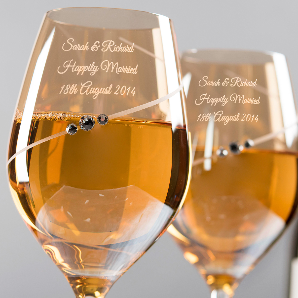 Engraved Amber Swarovski Elements Diamante Wine Glass Set