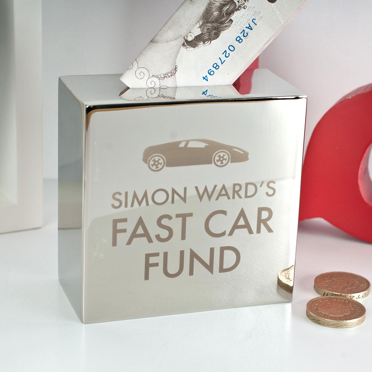 Personalised Silver Money Box - Fast Car Fund