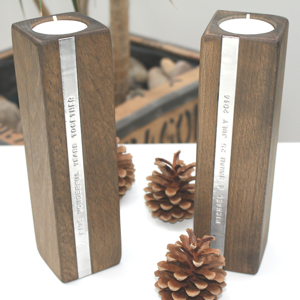 Personalised Set of 2 Wooden Candle Holders - Message