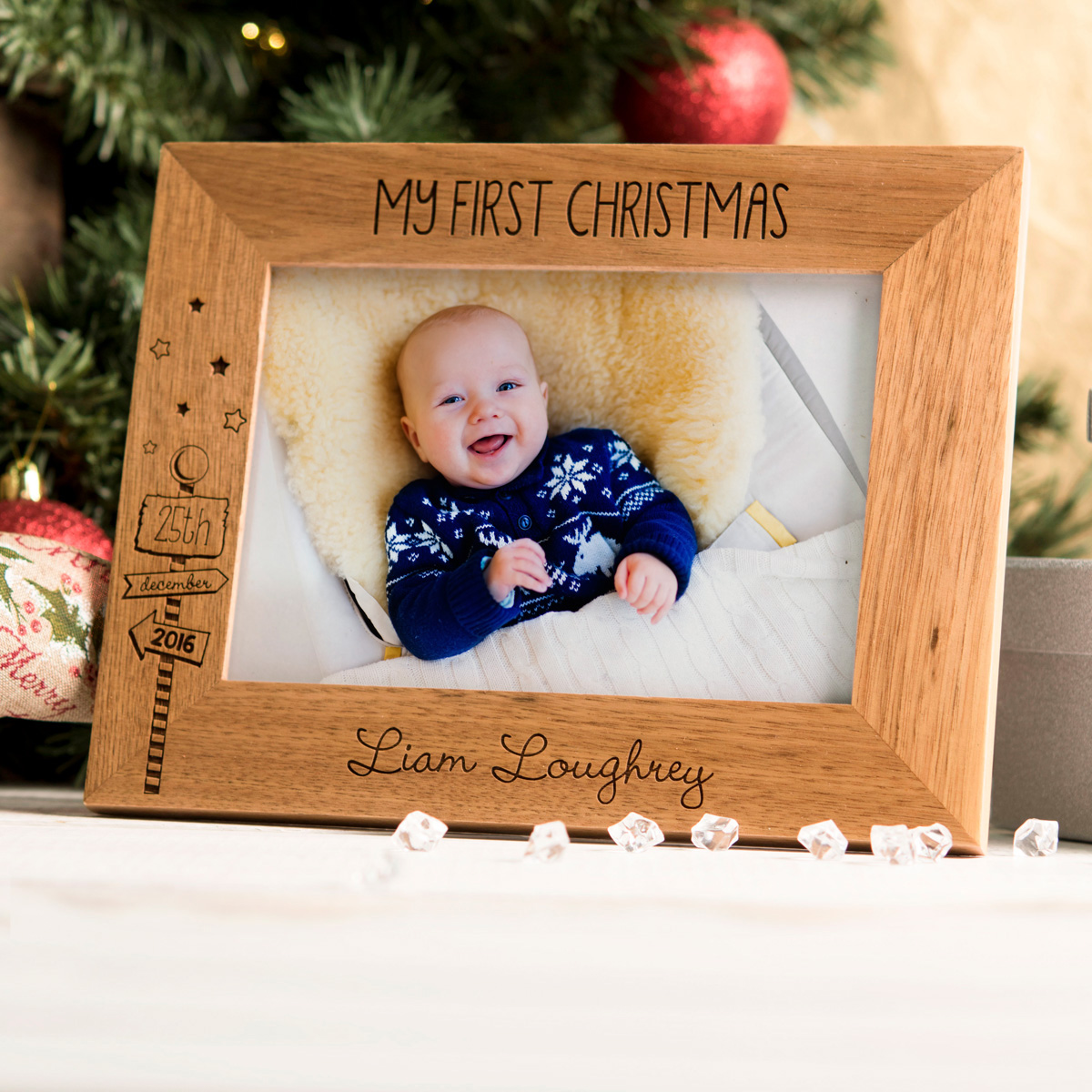 Engraved Wooden Photo Frame - First Christmas, Signpost