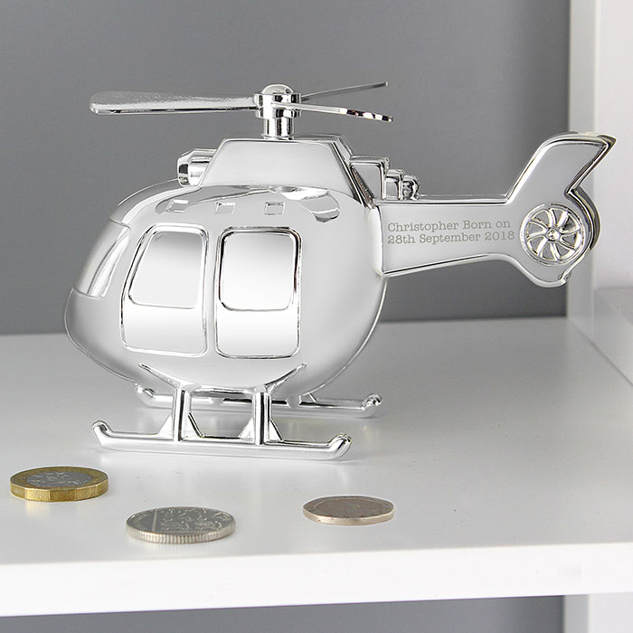 Personalised Silver Helicopter Money Box