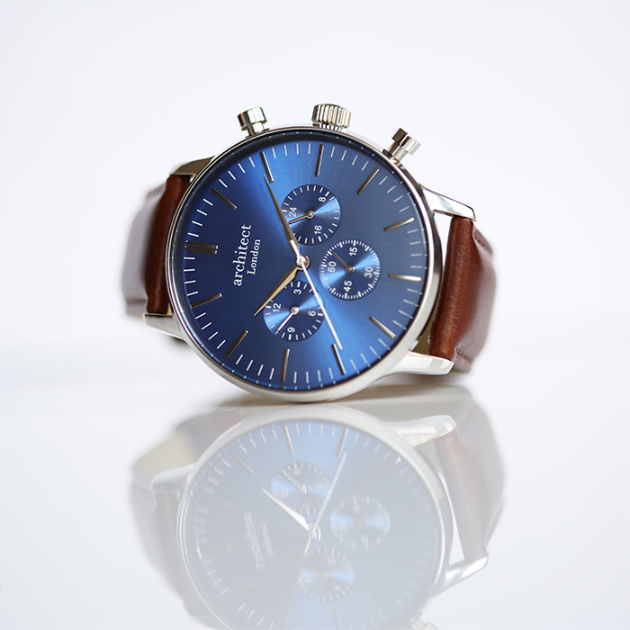 Men's Personalised Watch - Architect Motivator in Blue with Walnut Leather Strap