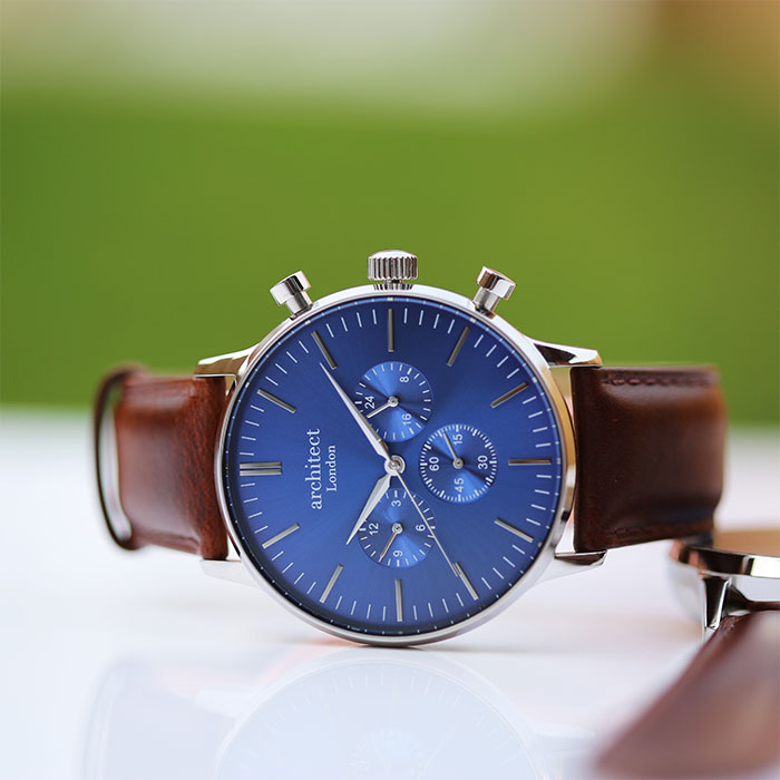 Men's Personalised Watch - Architect Motivator in Blue with Walnut Leather Strap