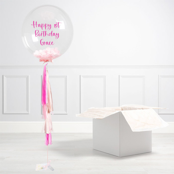 Personalised Baby Pink Tassel Confetti Helium Bubblegum Balloon - FREE DELIVERY