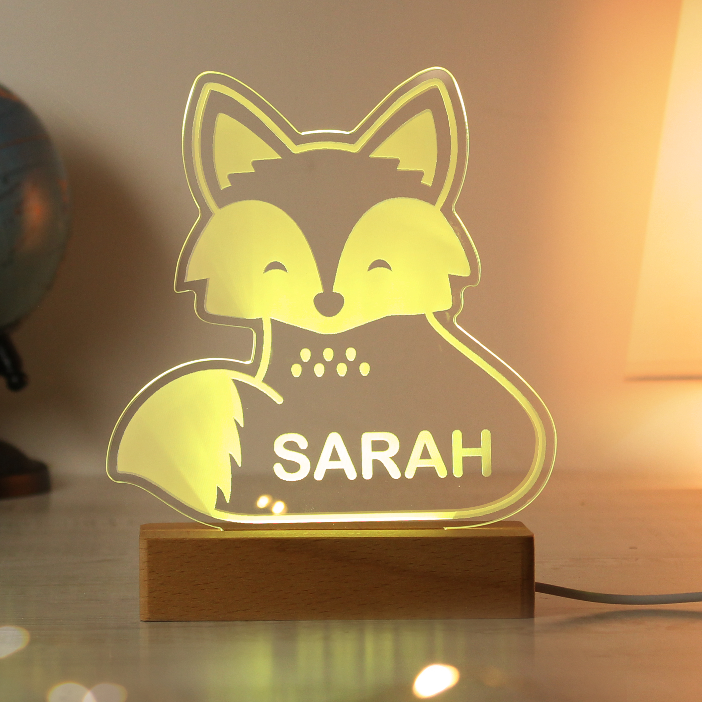 Personalised Fox Wooden Based LED Light