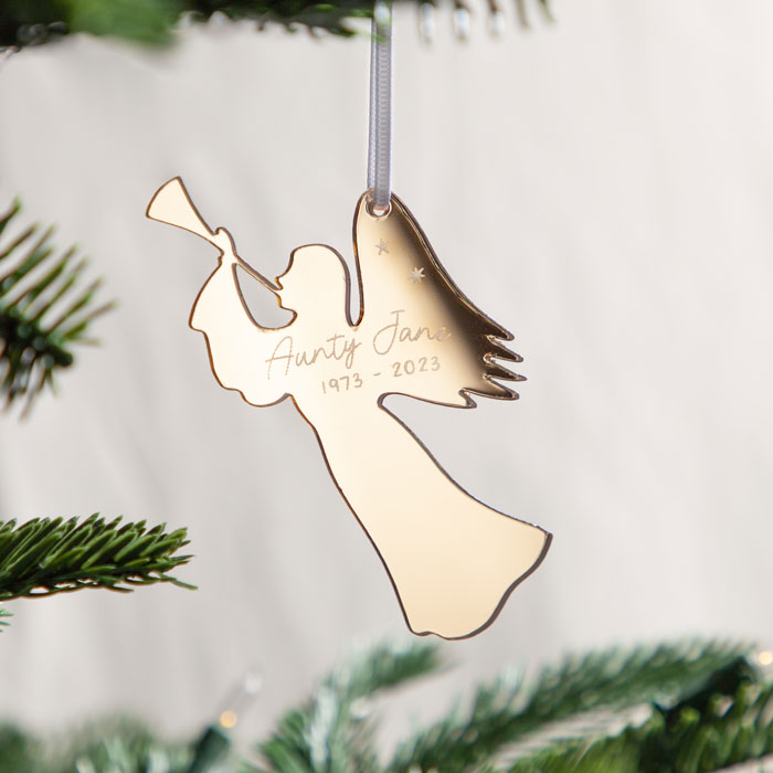 Personalised Metallic Mirror Angel Silhouette Engraved Memorial Christmas Decoration
