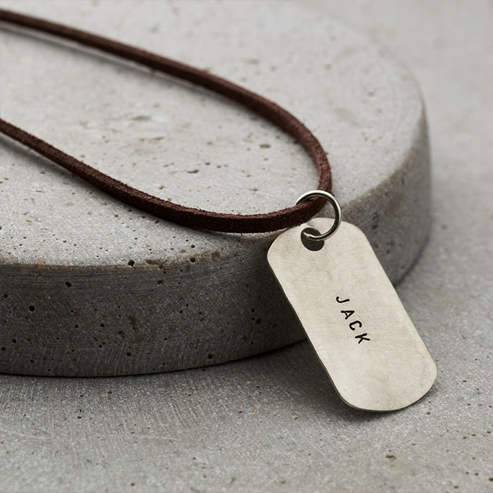 Personalised Men's Silver Dog Tag Necklace With Leather Cord