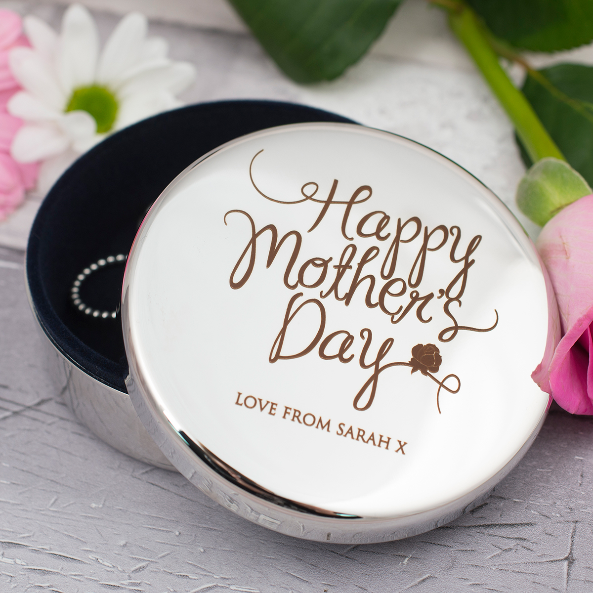 Engraved Circular Trinket Box - Mother's Day Rose