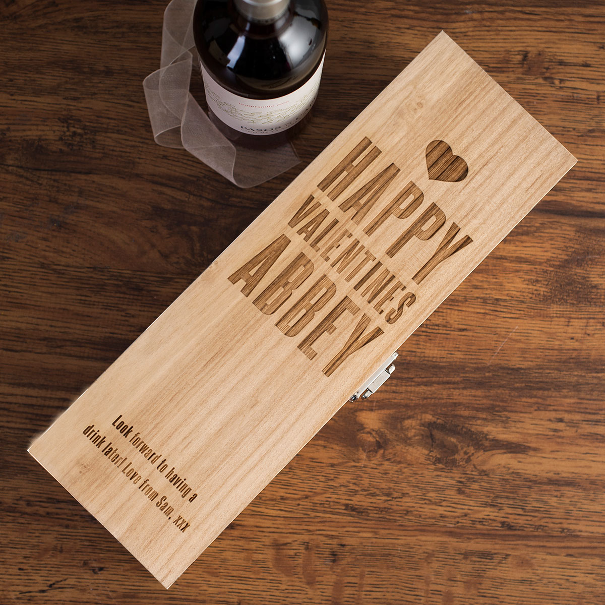 Personalised Luxury Wooden Wine Box - Happy Valentine's Day