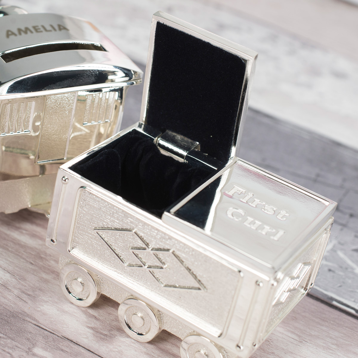 Personalised Train Money Box With Tooth & Curl Carriage