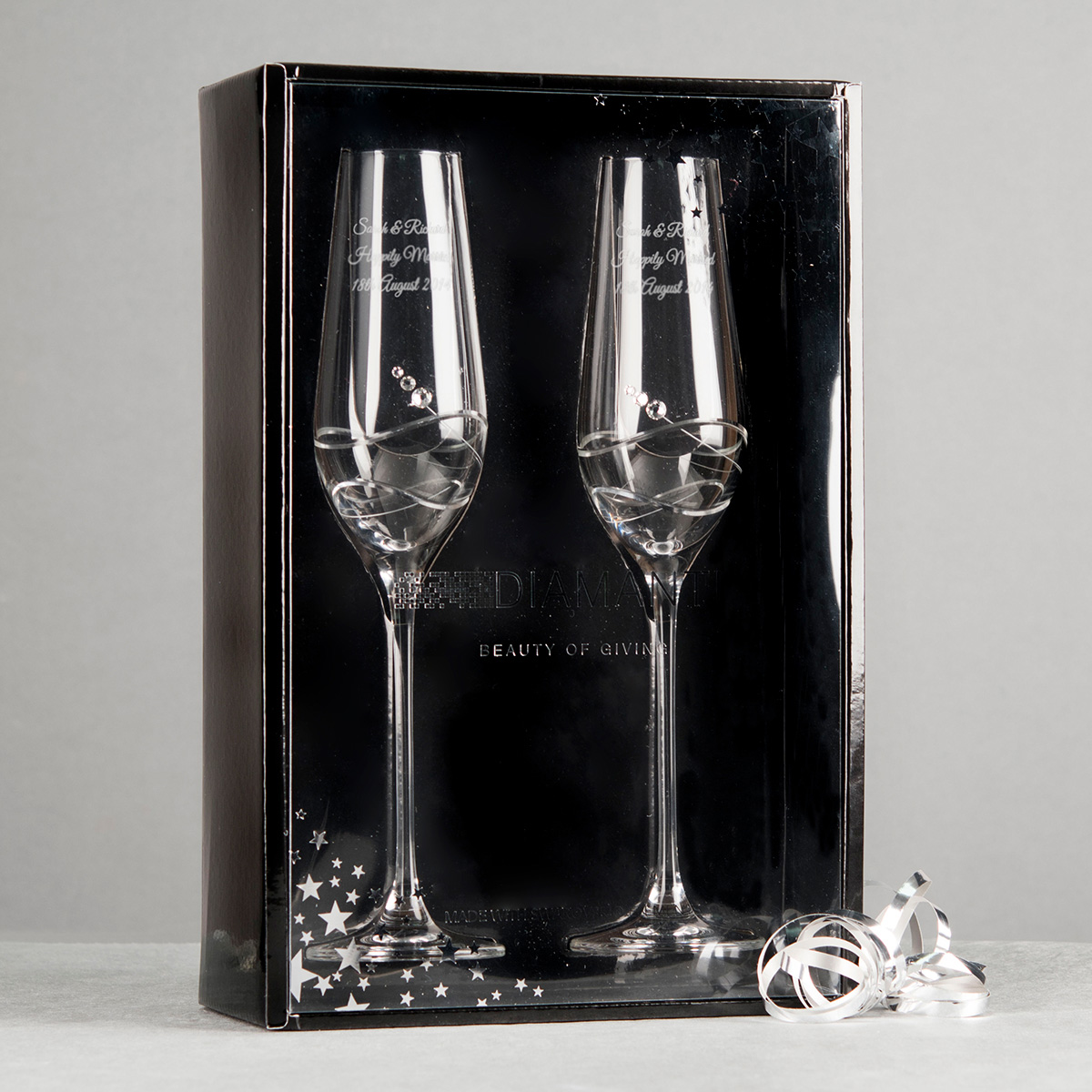 Engraved Set Of Two Swarovski Crystal Champagne Flutes - Swirls