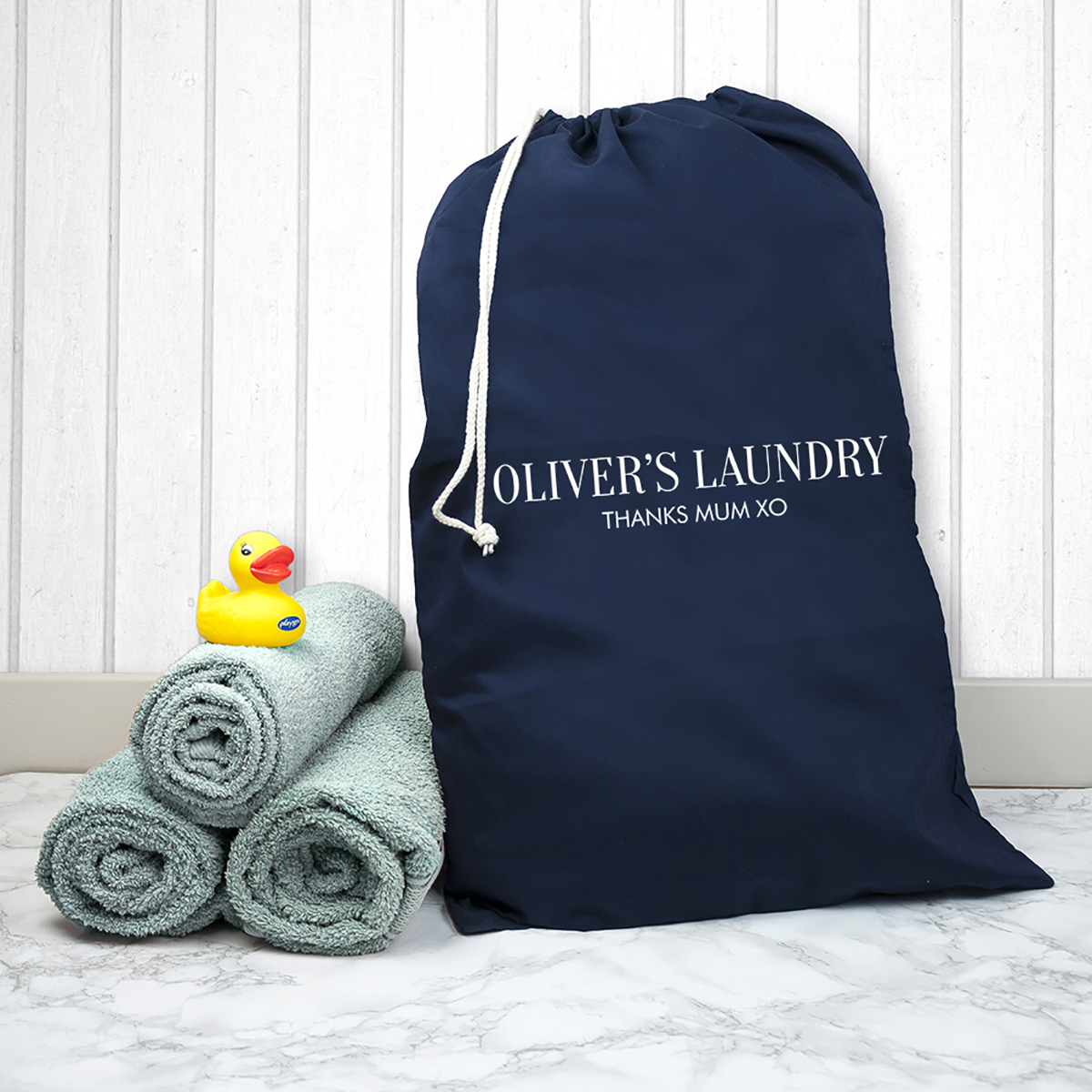 Personalised Large Navy Laundry Bag - Message