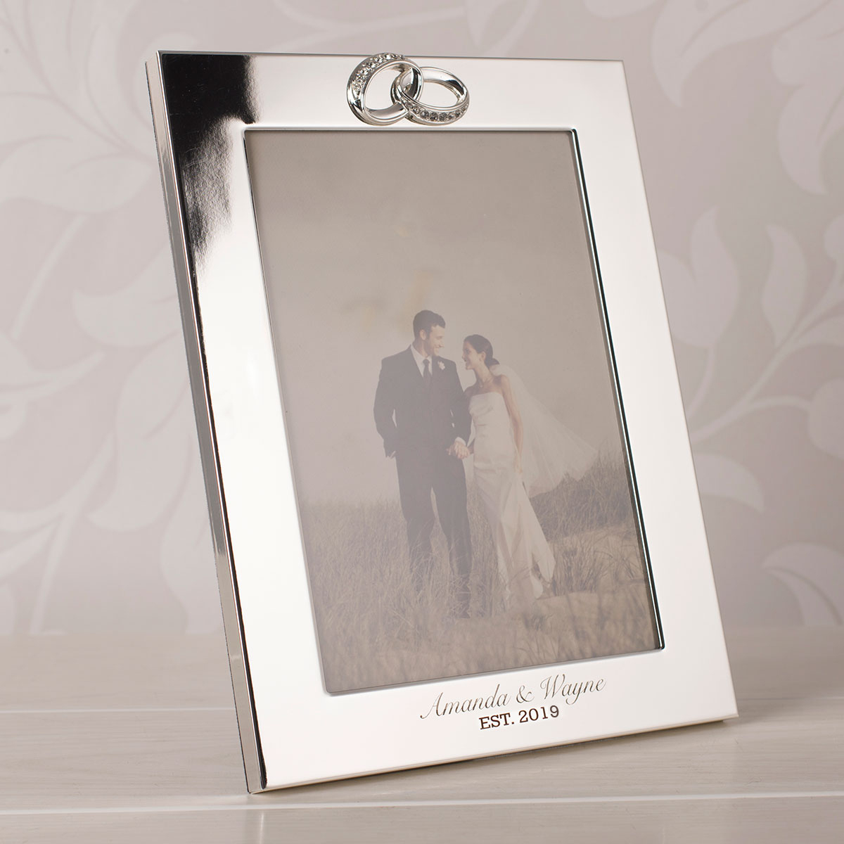 Engraved Silver-Plated Wedding Photo Frame with Crystal Rings