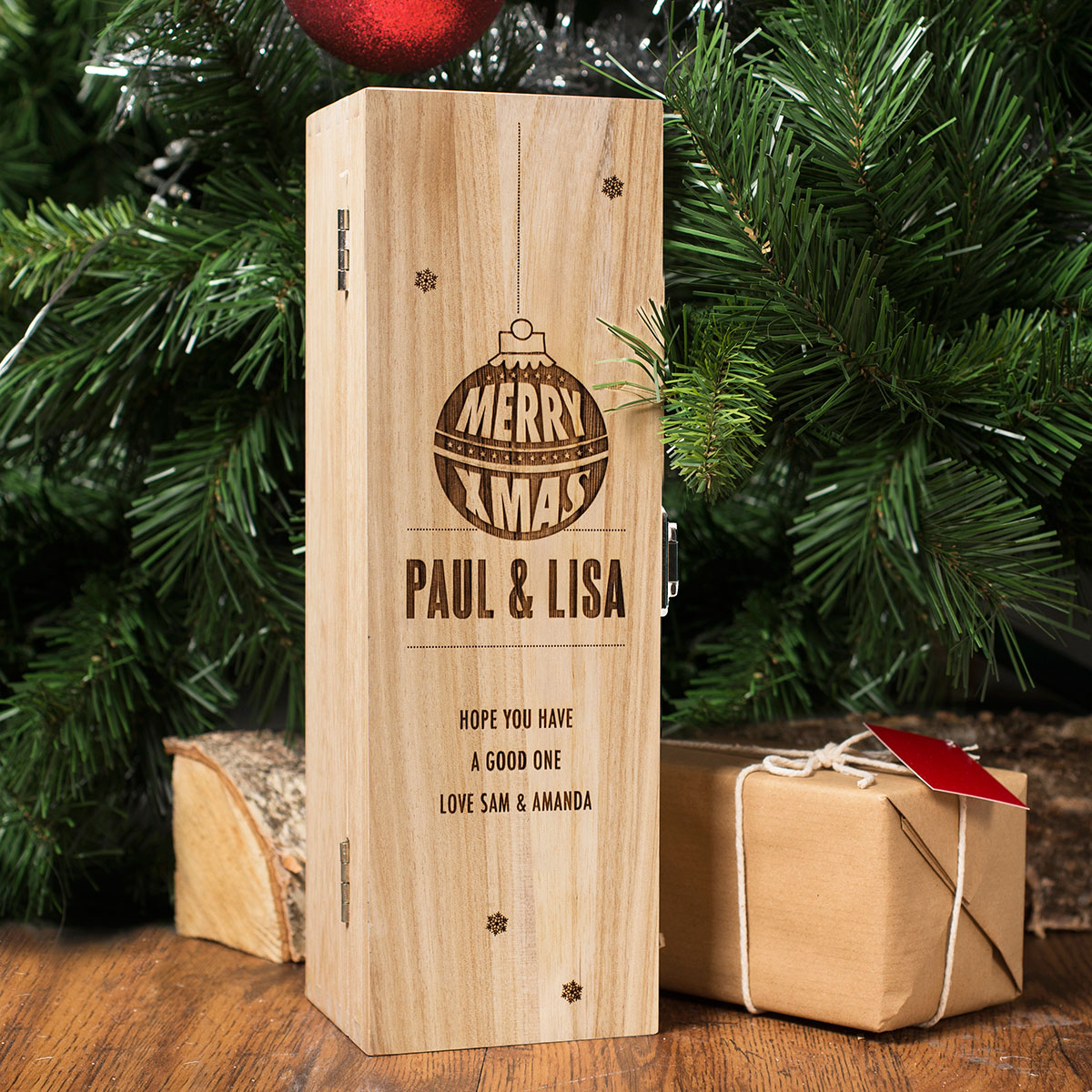 Personalised Luxury Wooden Wine Box - Merry Christmas Bauble