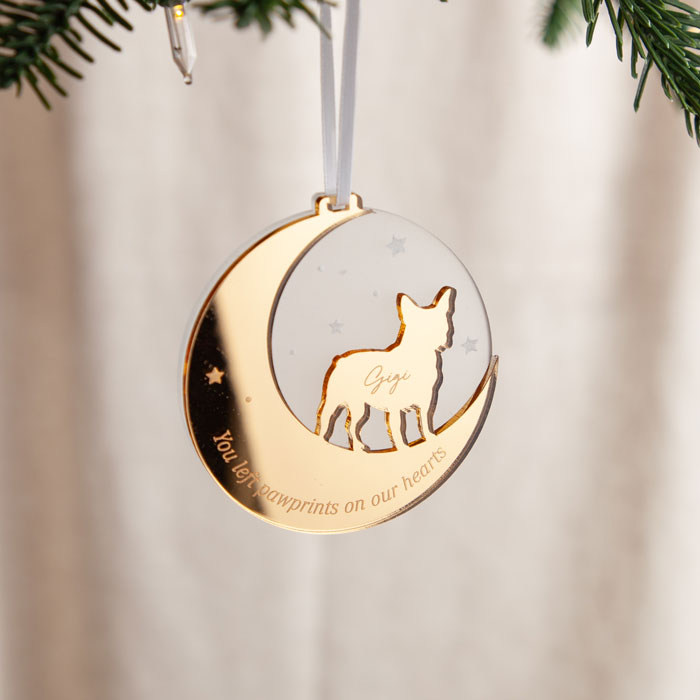 Personalised Metallic Mirror Dog and Moon Silhouette Layered Decoration