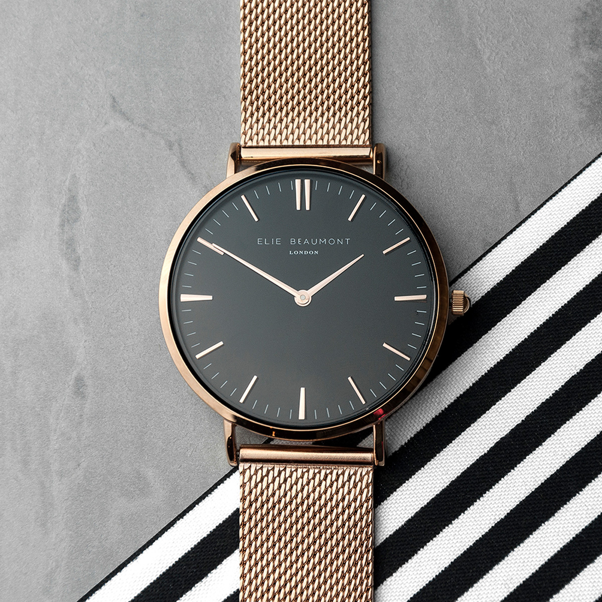 Personalised Women's Rose Gold Mesh Strap Watch With Black Dial