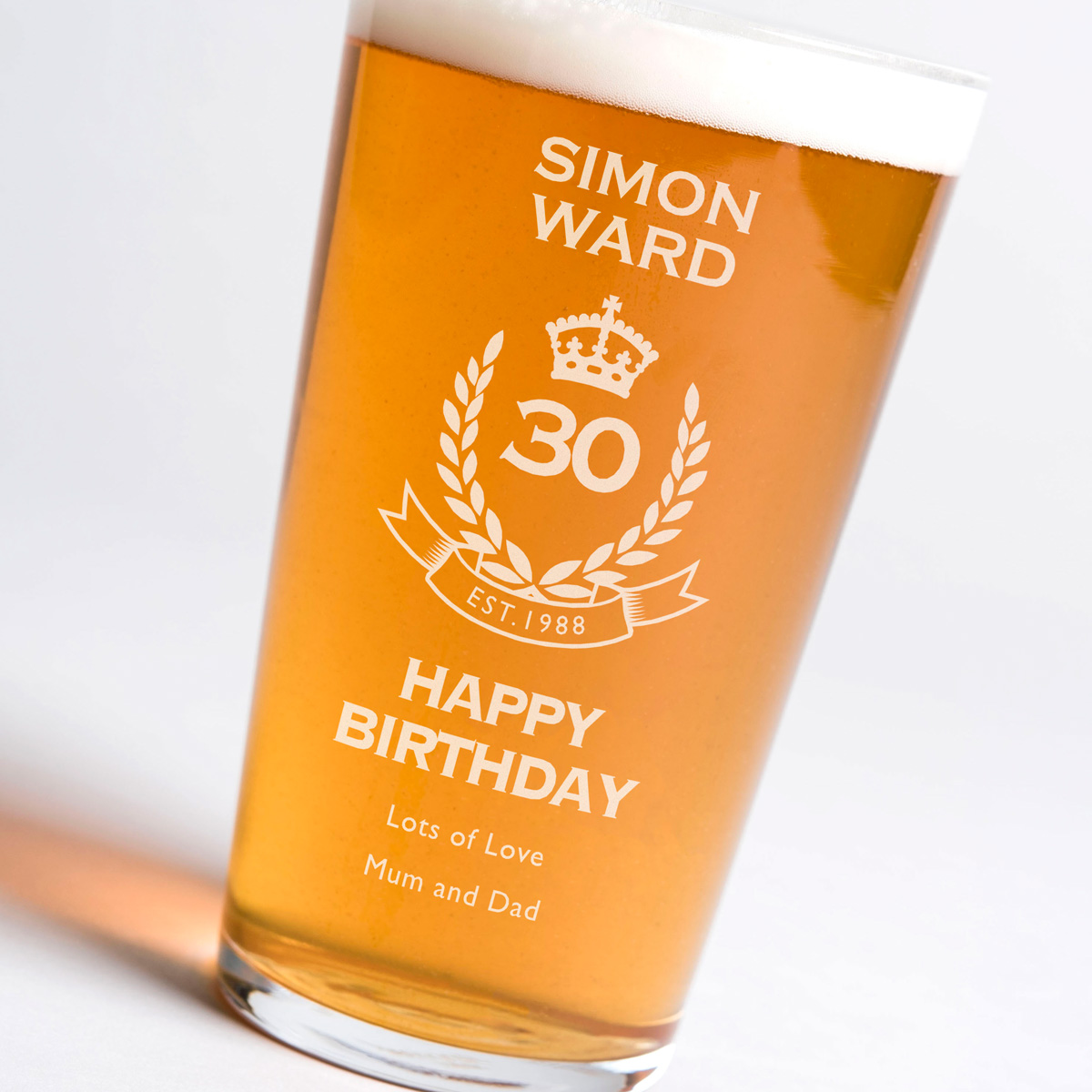 Personalised Pint Glass - 30th Birthday Crest