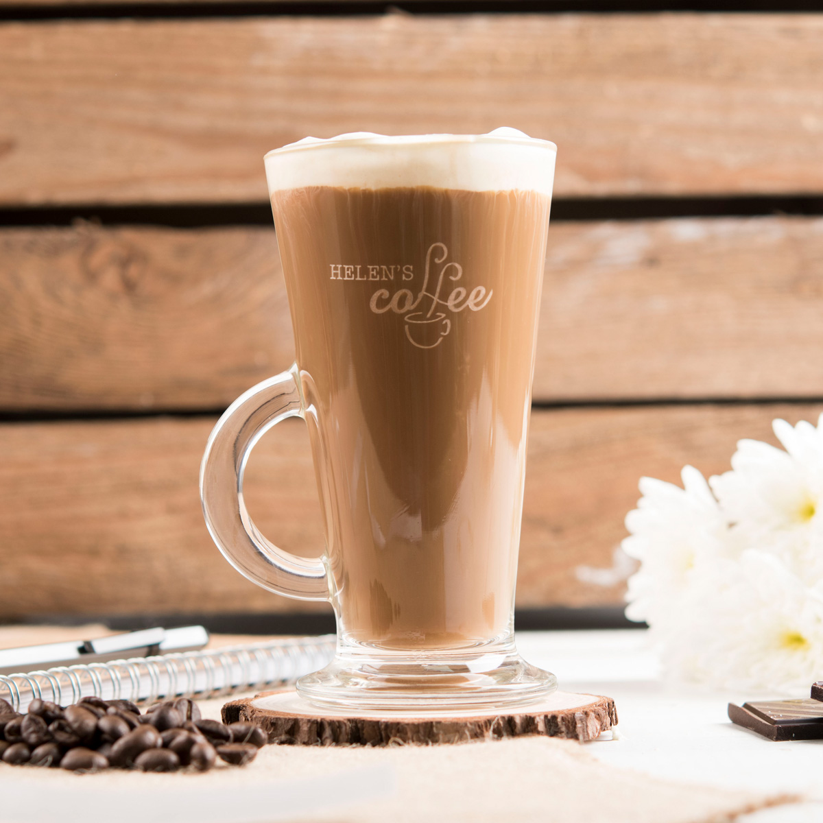 Engraved Glass Latte Mug - Hot Coffee