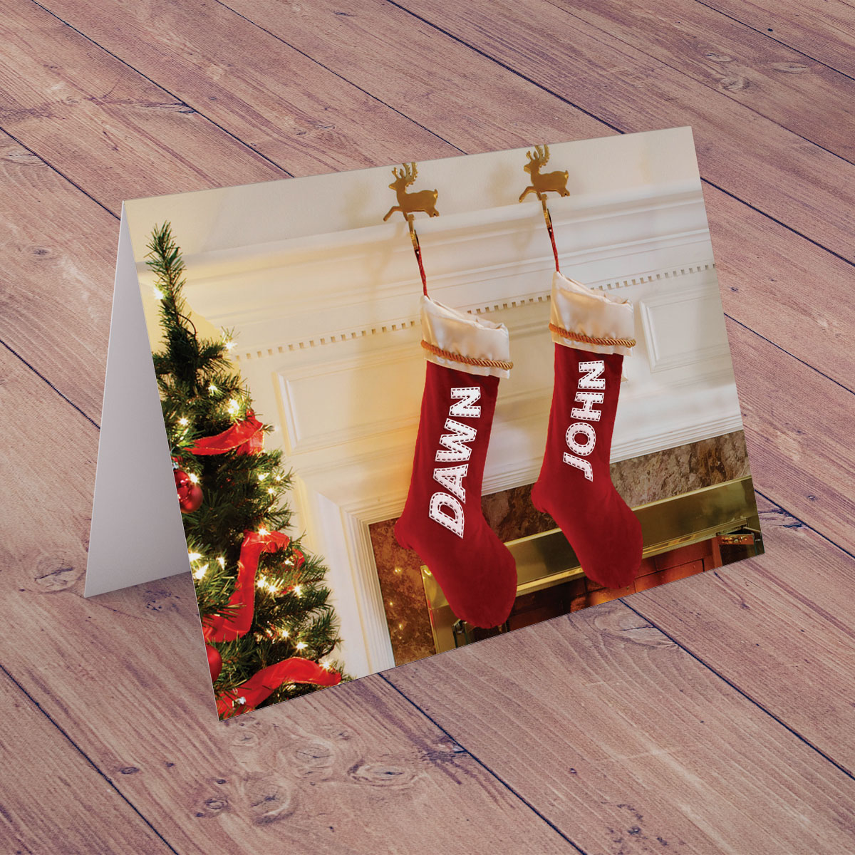 Personalised Card - Christmas Stockings By The Fireplace