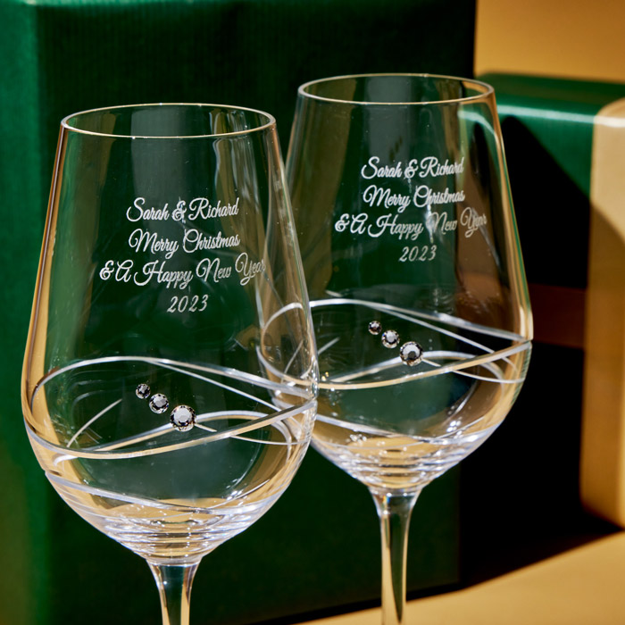 Engraved Pair Of Swarovski Elements Diamante Wine Glasses