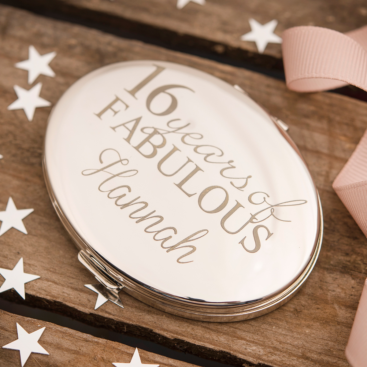 Engraved Silver Oval Compact Mirror -16 Years Of Fabulous