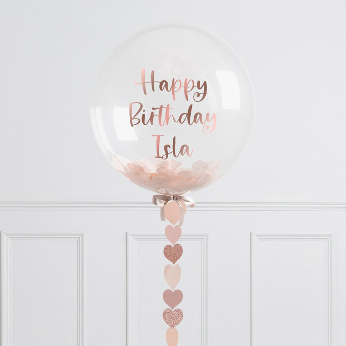Personalised Rose Gold Heart Confetti Helium Bubblegum Balloon - FREE DELIVERY