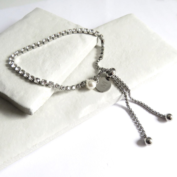 Personalised Diamante Slider Bracelet with Mini Disc & Pearl
