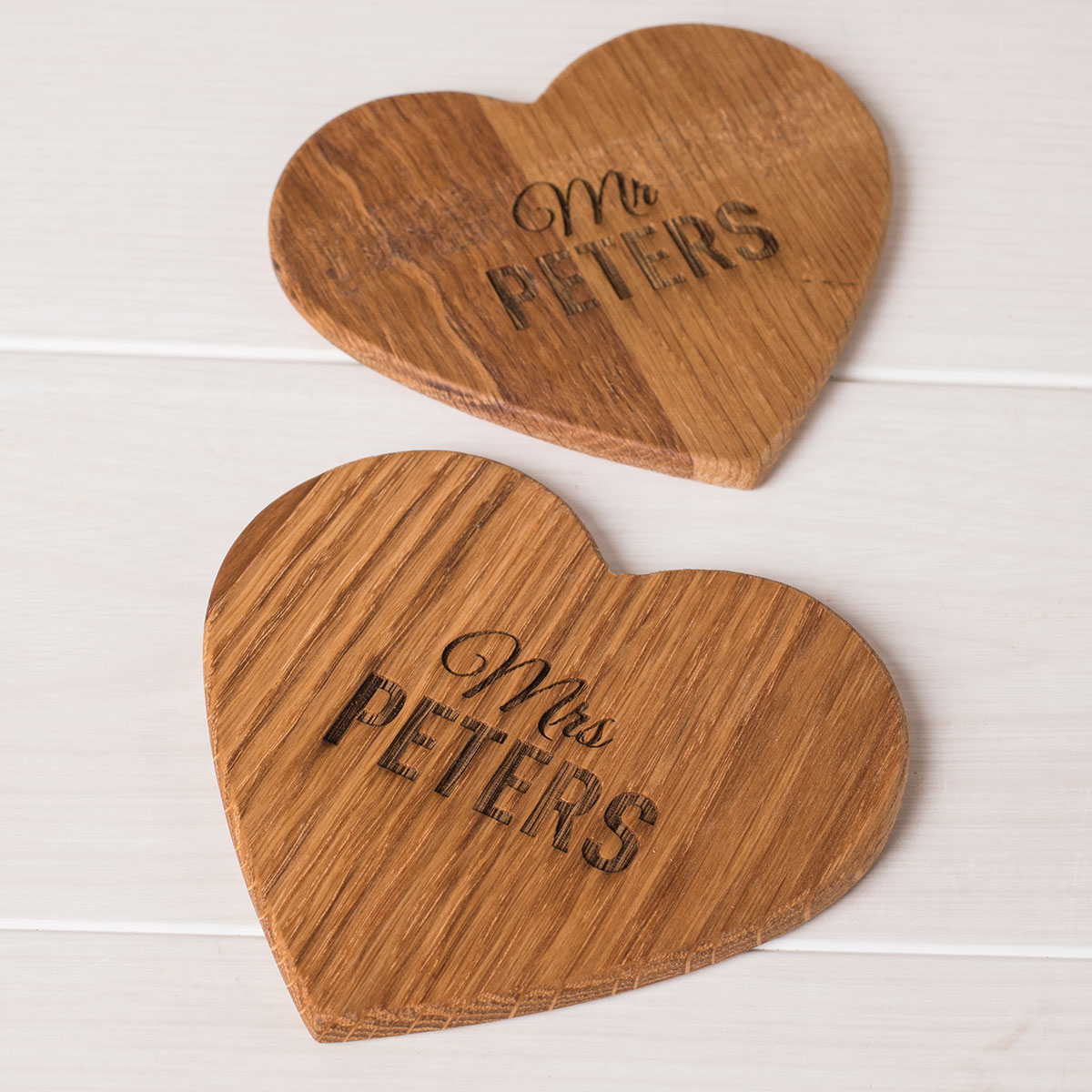 Personalised Set Of 2 Wooden Heart Coasters - Mr & Mrs