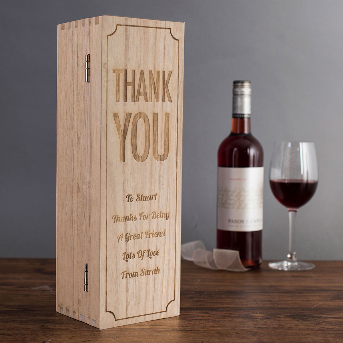 Personalised Luxury Wooden Wine Box - Thank You