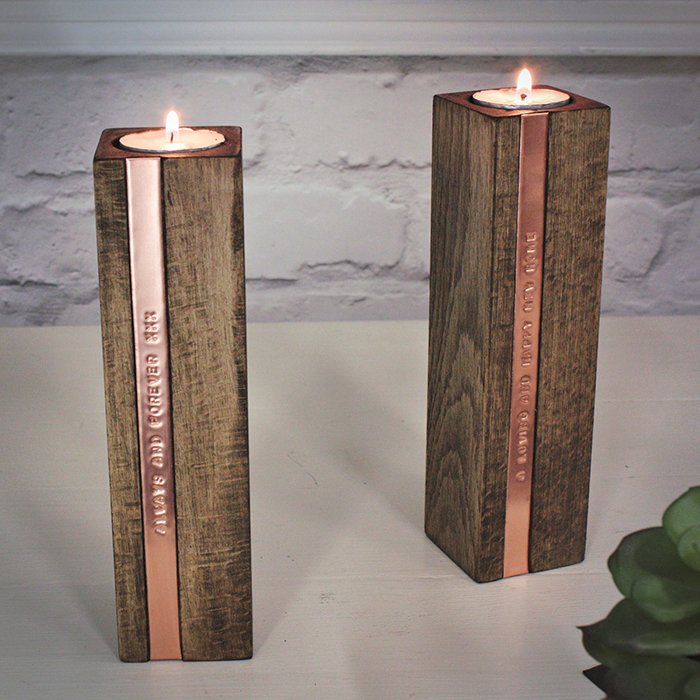 Personalised Set of 2 Wooden Copper Candle Holders - Message