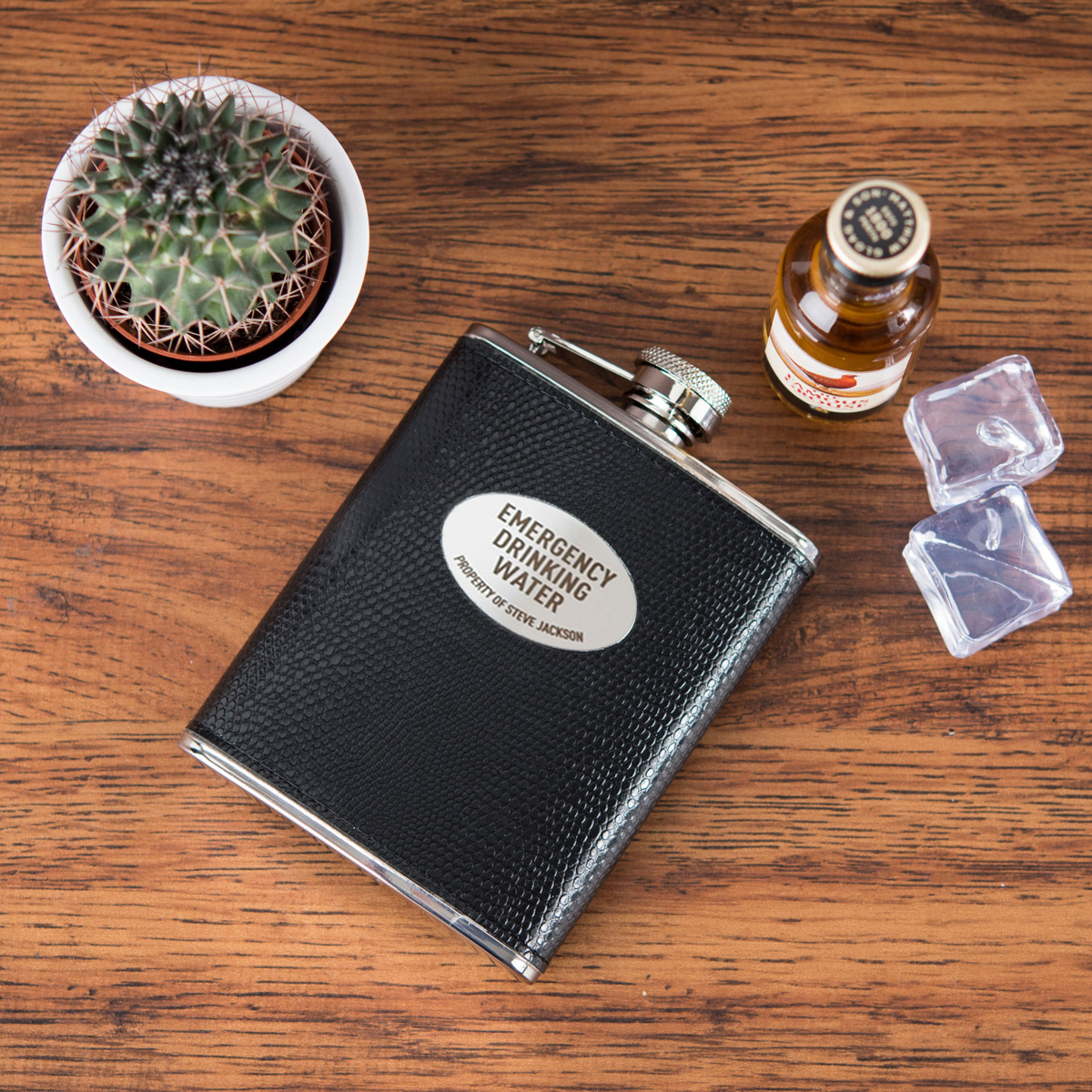 Engraved Leather Hip Flask & Gift Box - Emergency Drinking Water