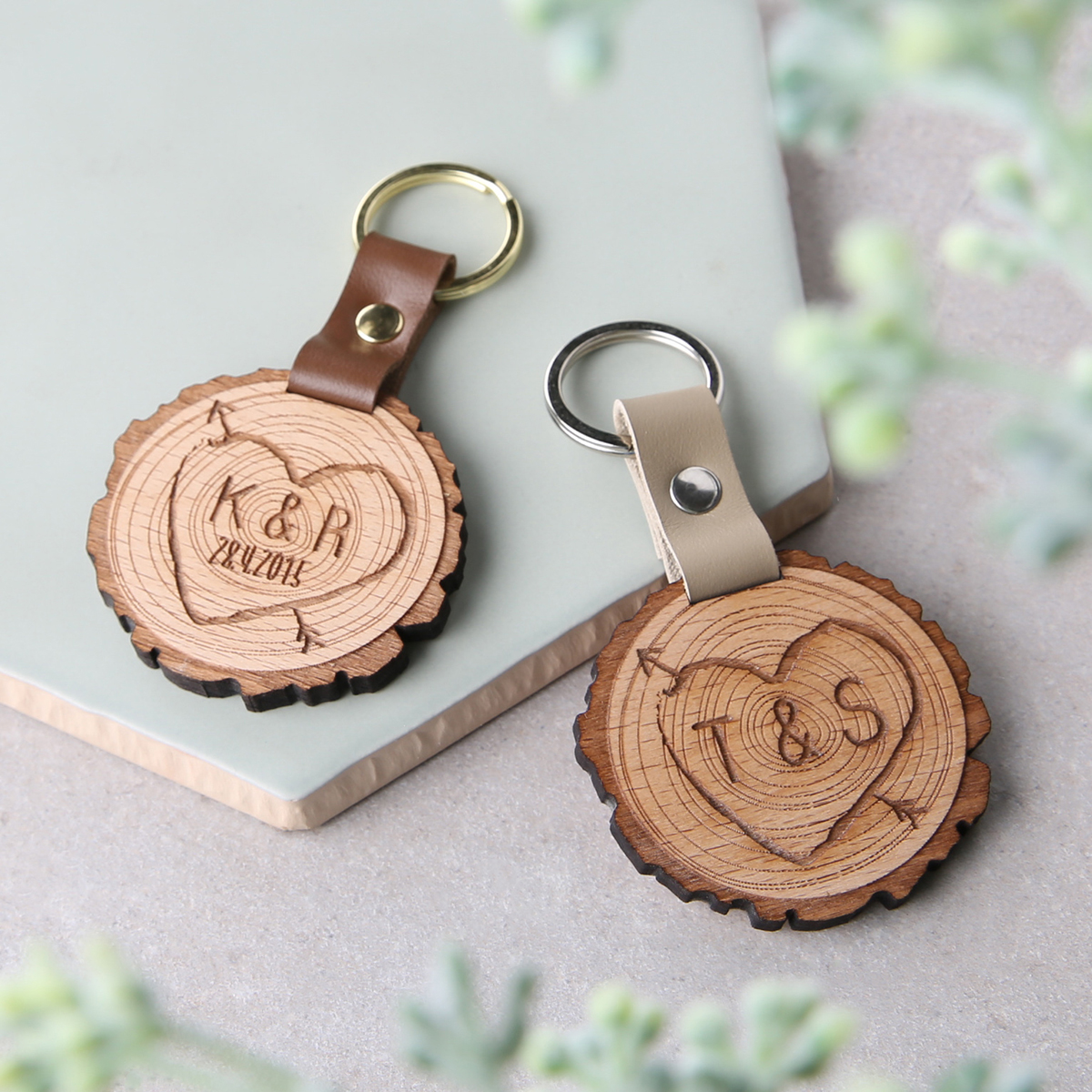 Personalised Tree Slice Key Ring - Initials