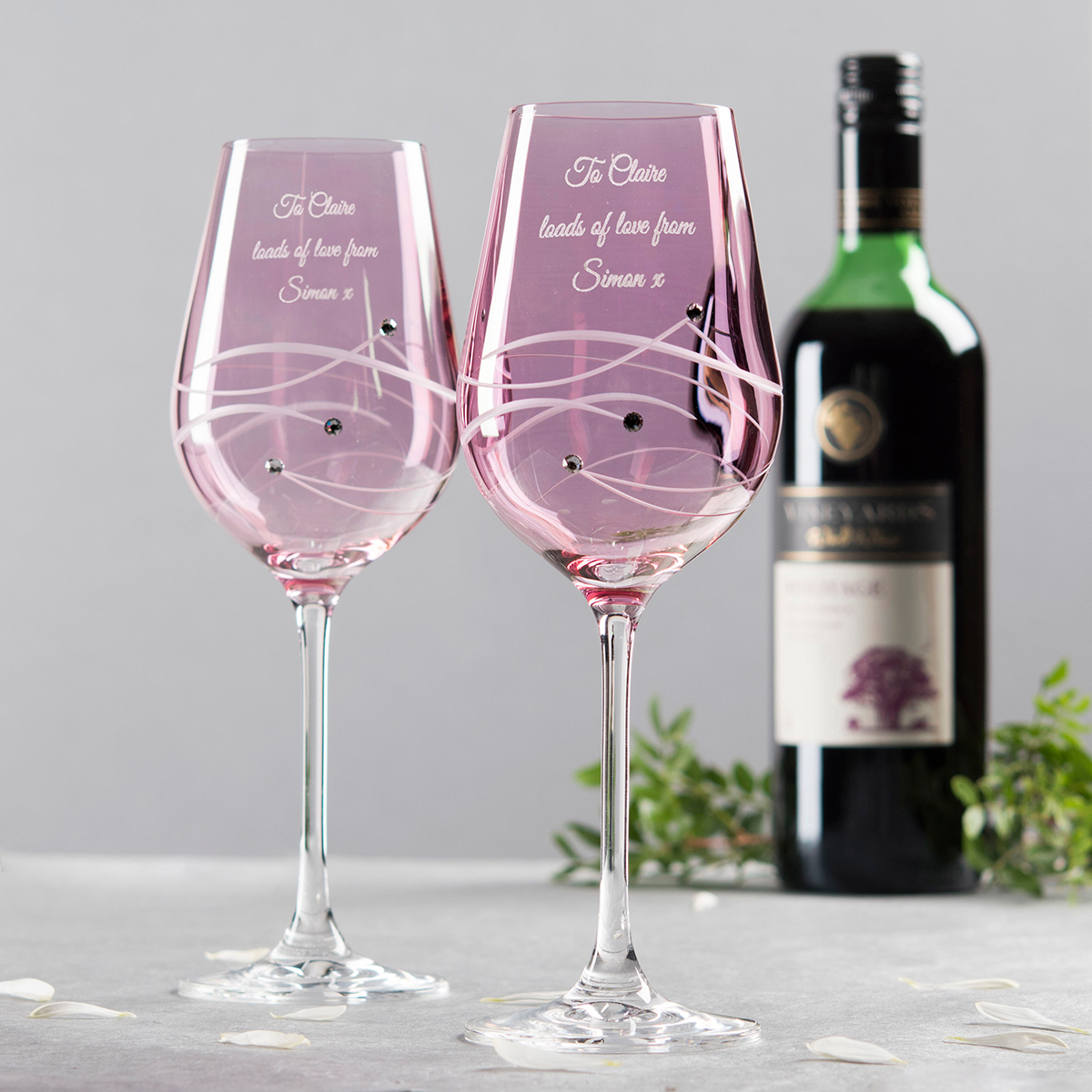 Engraved Pink Swarovski Elements Diamante Wine Glass Set
