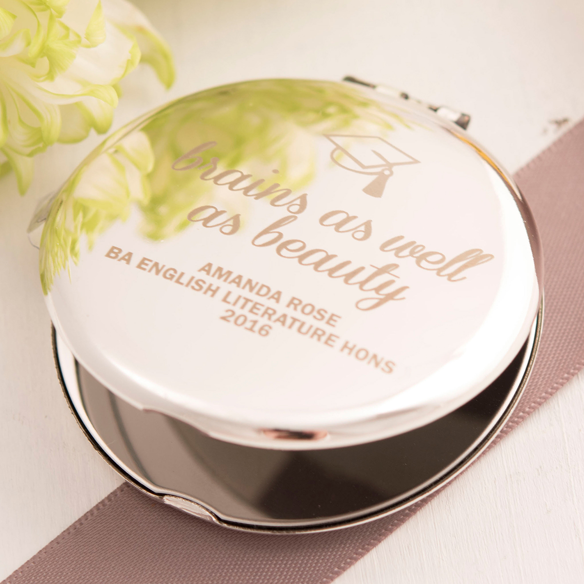 Engraved Silver Round Compact Mirror - Brains As Well As Beauty