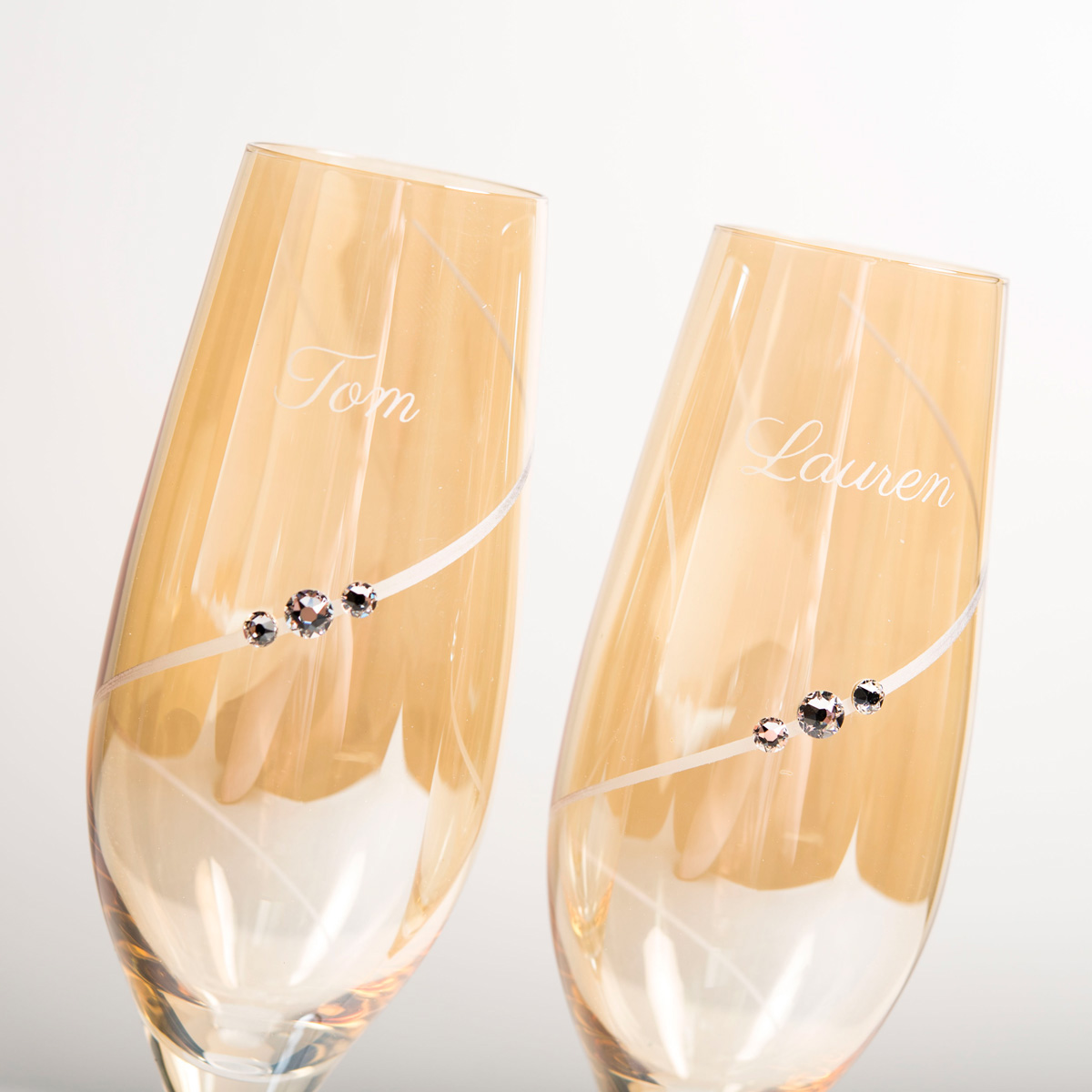Engraved Amber Swarovski Elements Set of 2 Diamante Champagne Flutes - Names