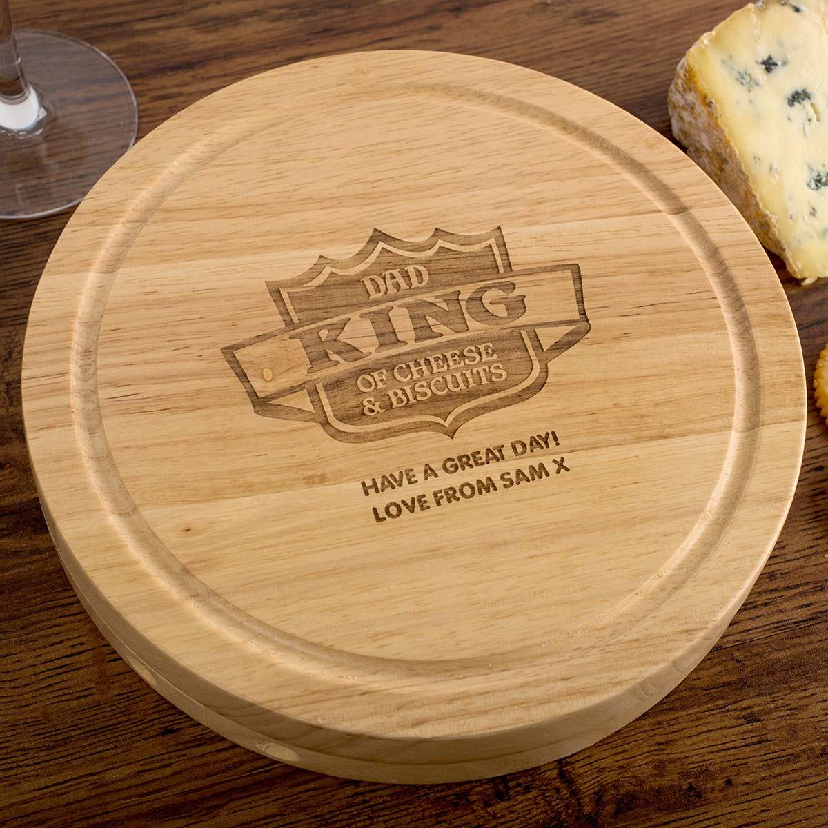 Personalised Wooden Cheeseboard Set - Dad, King Of Cheese & Biscuits