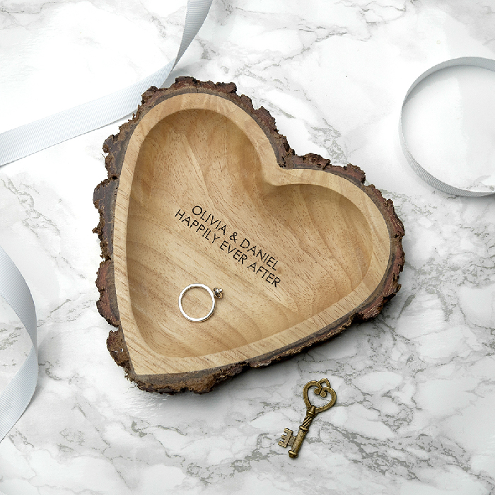 Personalised Rustic Carved Wooden Heart Dish - Message