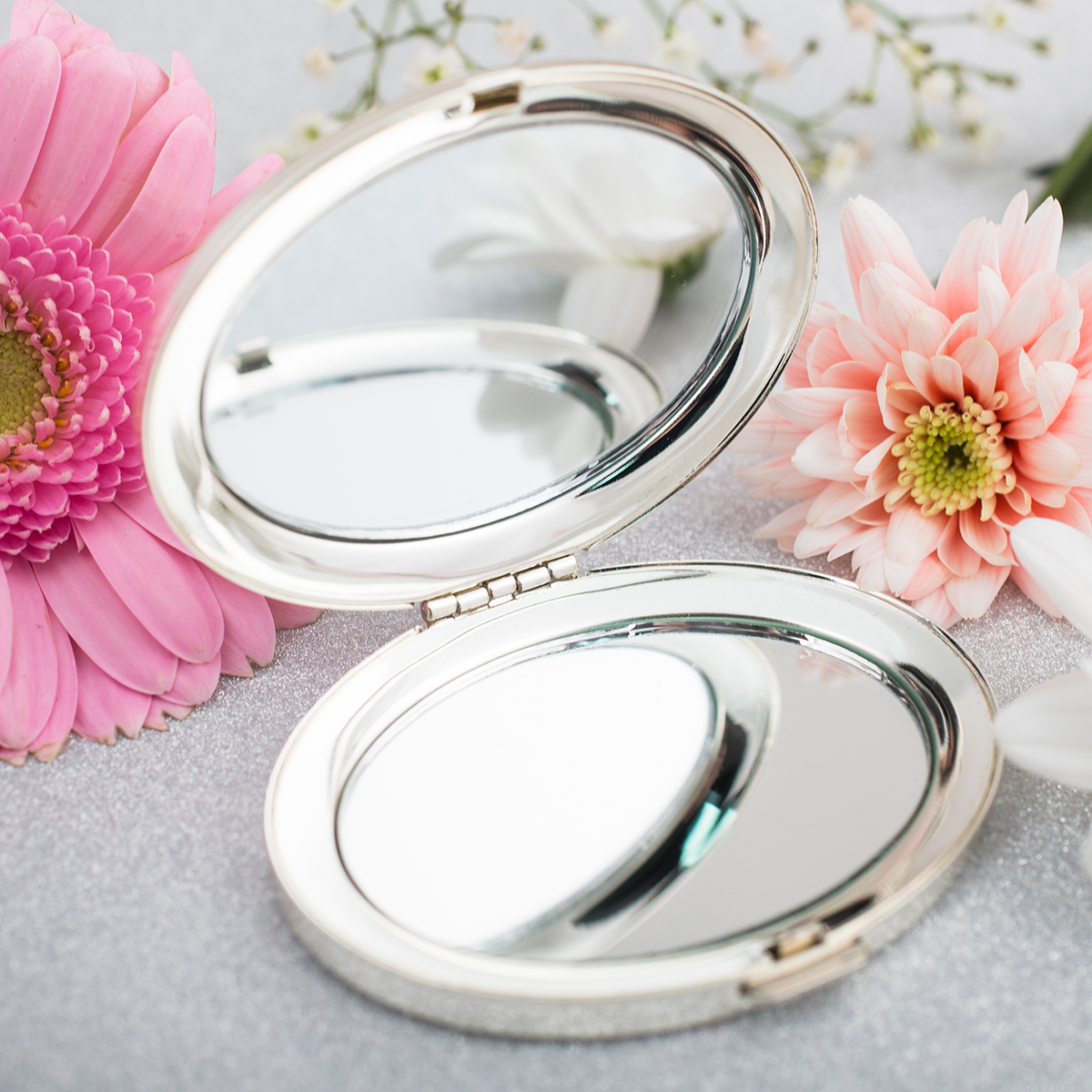 Engraved Silver Oval Compact Mirror - Heart