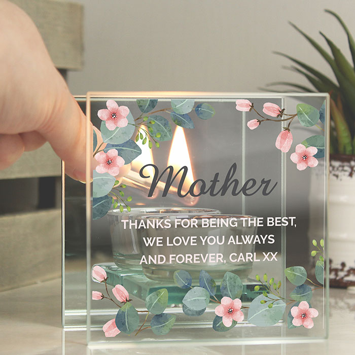 Personalised Floral Leaf Mirrored Glass Tea Light Candle Holder - Exclusive