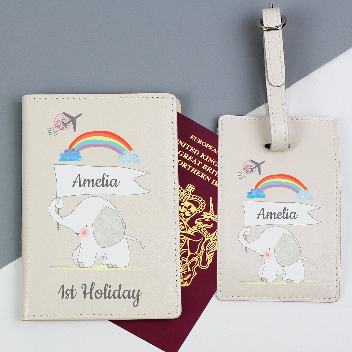 Personalised First Passport Holder & Luggage Tag Set - Elephant