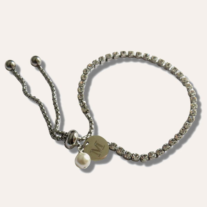 Personalised Diamante Slider Bracelet with Mini Disc & Pearl