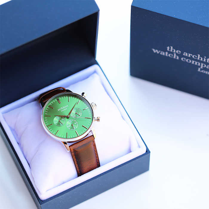 Men's Personalised Watch - Architect Motivator in Green with Walnut Leather Strap